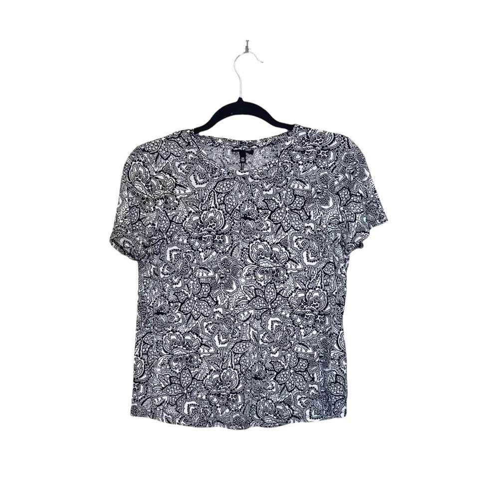 Who What Wear Paisley Print Top Black & White Linen Blend Bold Medium Women’s